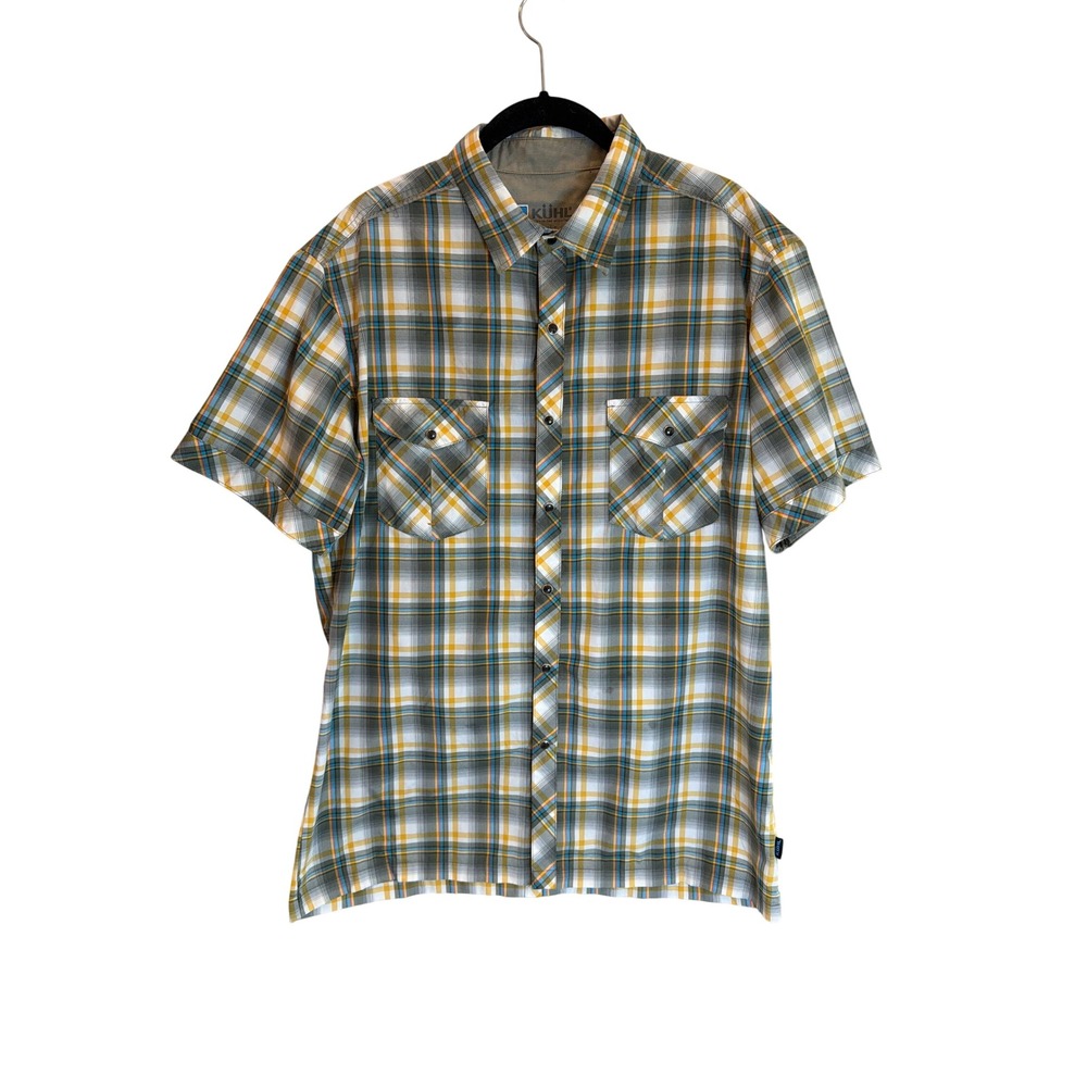 Kuhl Mens Eluxur Plaid Short Sleeve Snap Front Hiking Shirt Yellow Grey Large